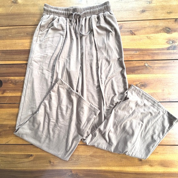 Pants - Womens Casual Lounge Pants Medium Tan Elastic Waist Drawstring Wide Leg Comfort